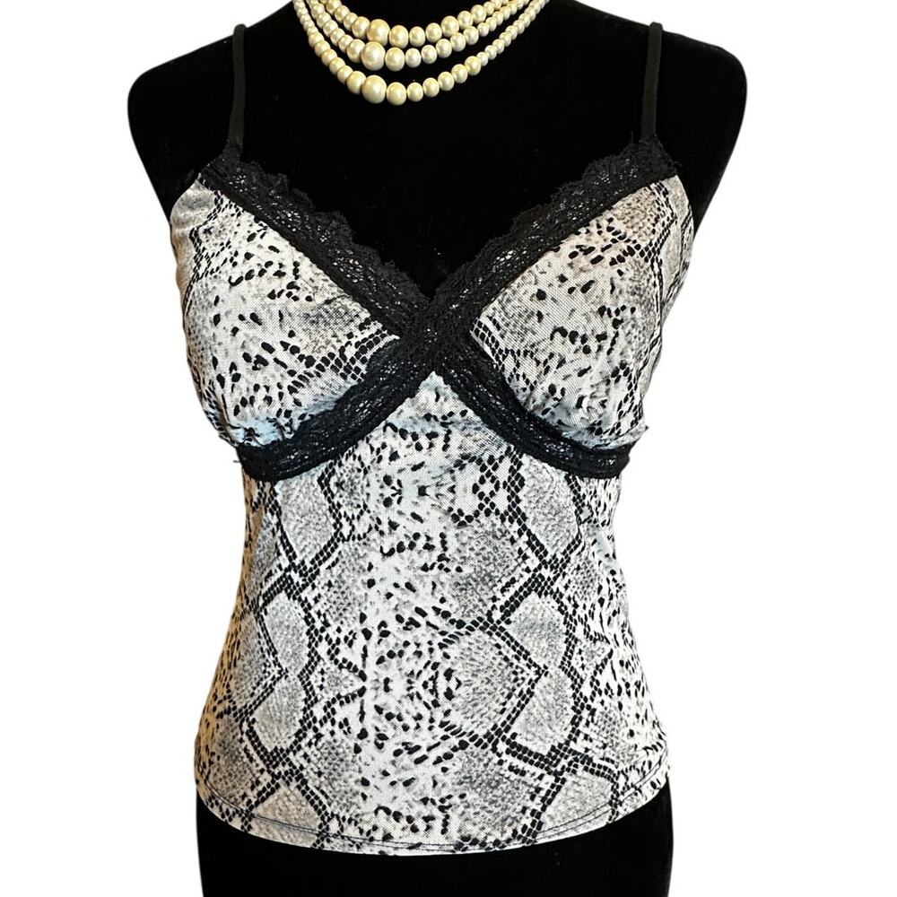 Snake Print Lace Trim Cami Top Medium Gray Black Y2K